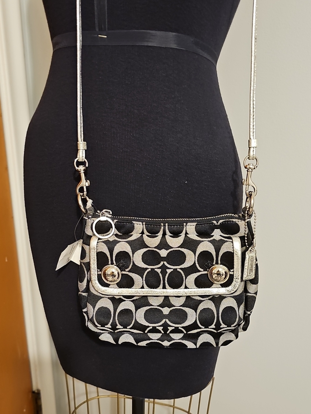 NWT Coach "Poppy" Black and Silver Signature Crossbody with Metallic Trim
